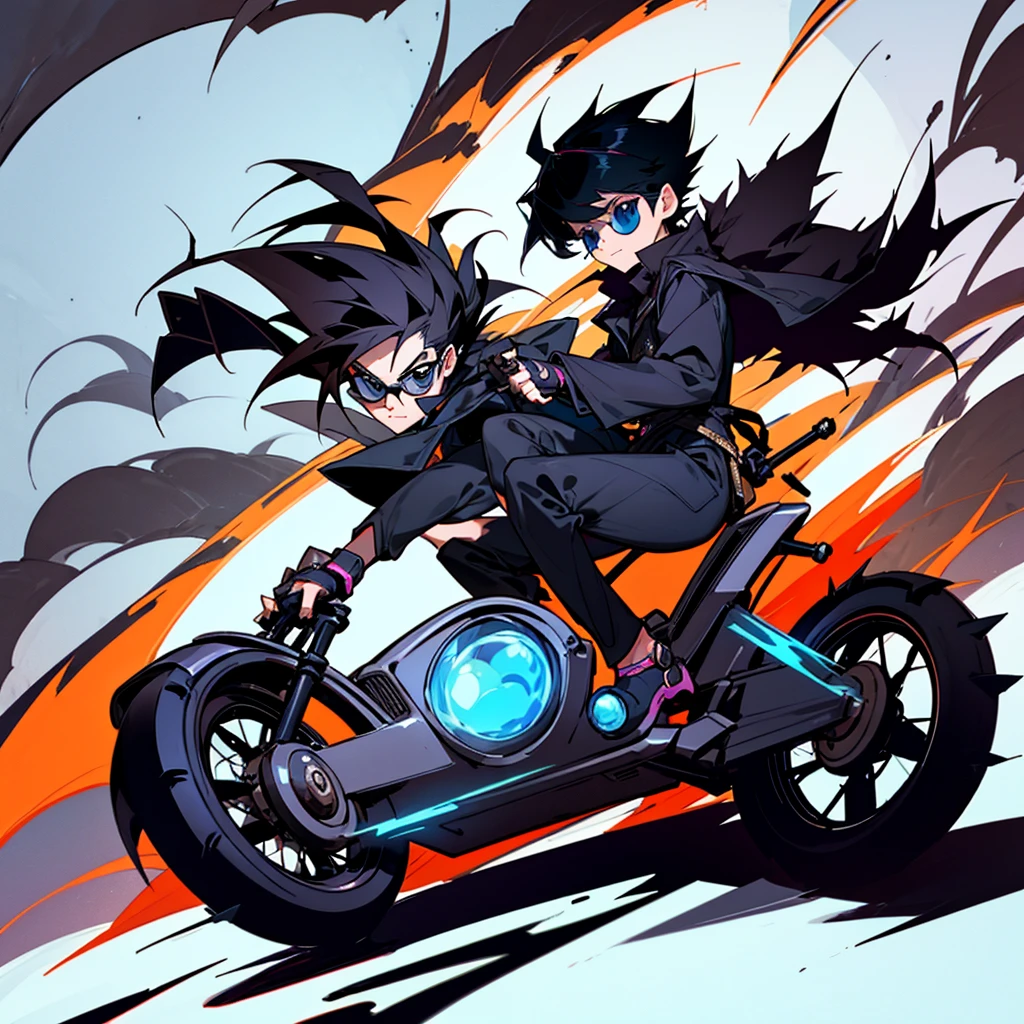 Create a boy, a 10 year old who has very long, spiky black hair who has a black jacket with some skulls on it, black pants also with lots of white skulls, sunglasses and shows off his beautiful blue eyes, who has hair that is well hydrated very beautiful and cute and that the person wears a small black scarf and a black headset that has thorns to give it a style and that he is mounted on a motorcycle that has a flame design and that he is showing his powers of darkness and shadows behind him