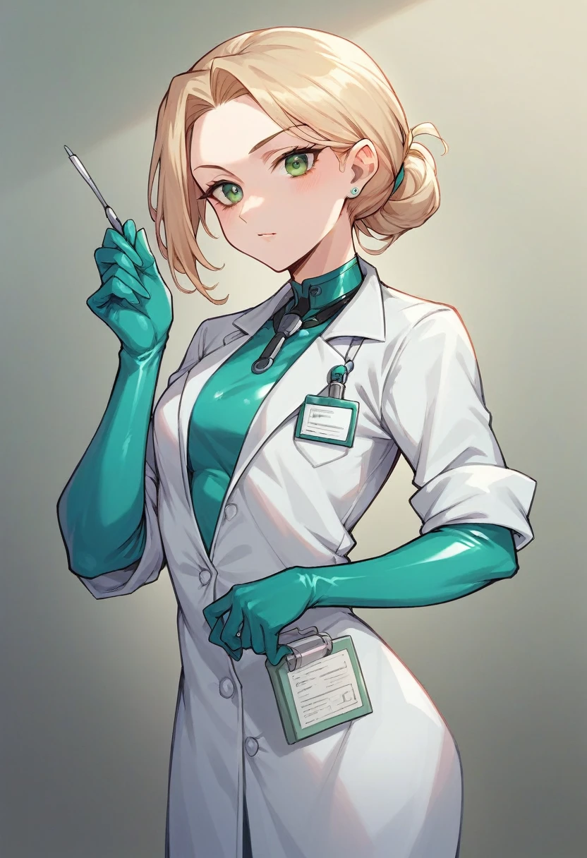 1girl, light hair, ((blue elbow gloves)), ((surgical gloves)), ((latex gloves)), ((long sleeves)) ((green surgeon outfit)), looking at viewer, ((doctor)), standing, solo