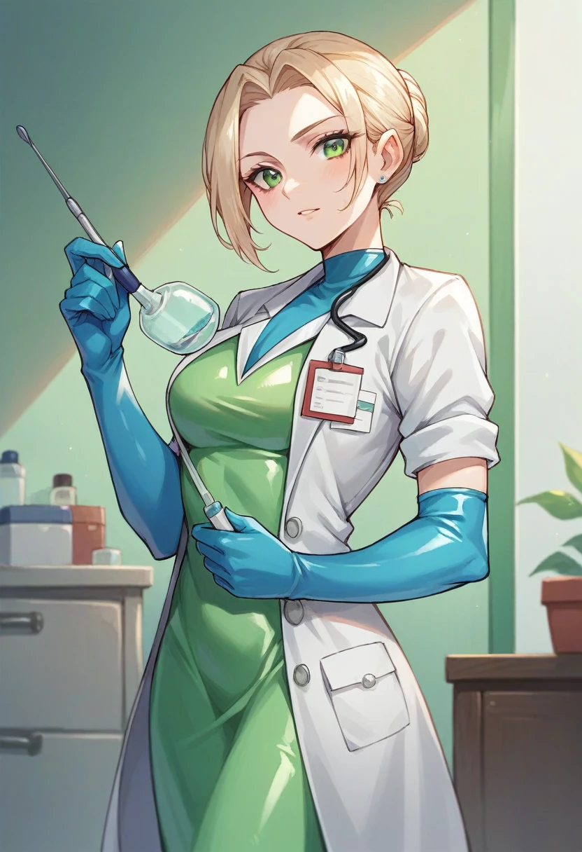 1girl, light hair, ((blue elbow gloves)), ((surgical gloves)), ((latex gloves)), ((long sleeves)) ((green surgeon outfit)), looking at viewer, ((doctor)), standing, solo