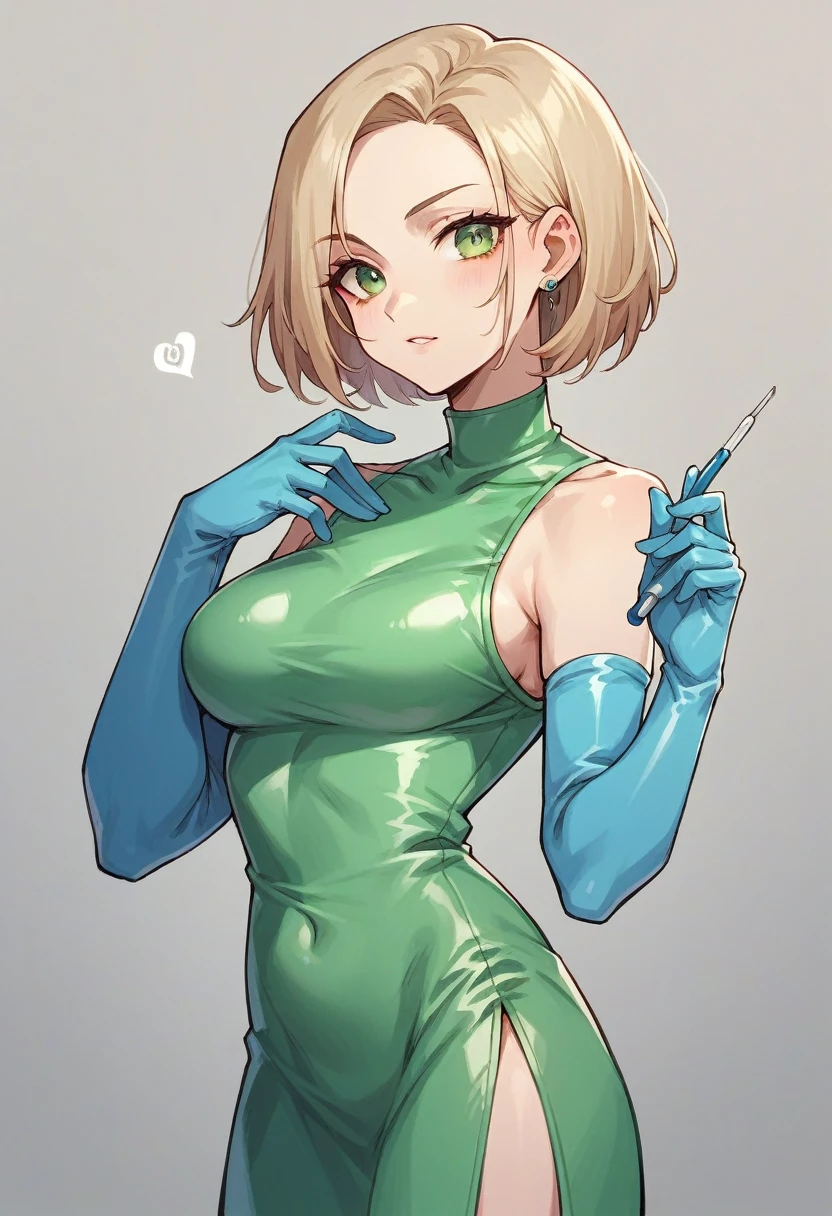 1girl, light hair, ((blue elbow gloves)), ((surgical gloves)), ((latex gloves)), ((long sleeves)) ((green surgeon outfit)), looking at viewer, ((doctor)), standing, solo
