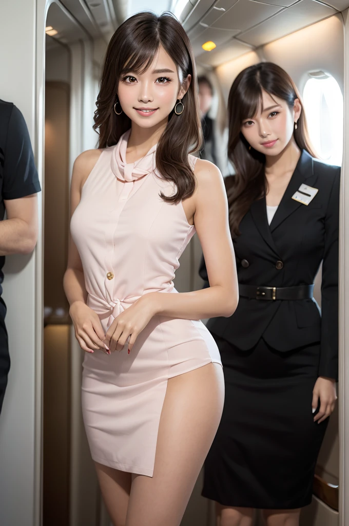 (masterpiece:1.3), high resolution, ultra detailed, extremely detailed CG unity 8k wallpaper, realistic, photo-realistic, RAW photo, beautiful detailed face, pale skin, realistic skin, detailed cloth texture, detailed hair texture, Perfect proportion, Beautiful Face, accurate, Anatomically correct, Highly detailed face and skin texture, natural neck length, (beautiful hands), (fair skin:1.2), Thin legs, Thin feet, Sexy thighs, 
BREAK, 
Detailed eyes, symmetrical eyes, Light Brown eyes, Double eyelids, Thin eyebrows, (Glossy lips:1.4), (Goddess smile:1.2), 
BREAK, 
(A Classy and Cute girl:1.3), (Wearing a Elegant flight attendant uniform of Japan Air Line:1.2), (Wearing a Light pink neck knot scarf), (high heels), (Close the Button:1.1), 
(medium large breasts), (slender figure), (Beautiful curves), 
(updo hairstyle, Dark brown hair, wavy hair), ((short hair, asymmetrical bangs:1.2)), (Full body shot:1.2), (looking at viewer:1.2), From front, 
BREAK, 
(Standing in the wide passage of first-class with Graceful escort pose:1.3)), (Inside the private Airplane: 1.2),