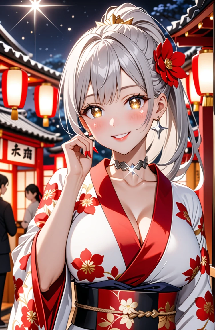 ((One personの少女)), Super detailed, Absurd, 8K,Cute face, (Laugh shyly), ((Teasing Smile:1.8)), ((Wink:1.8)), (Laugh with your mouth wide open:1.3),(Tilt your head:1.3),  View your audience, ((Bright red cheeks:1.6)),Glossy Red Lips, ((Big Breasts:1.6)) night, Shrine festival stalls, (Brighten face), ((Anime style background)),masterpiece, Highest quality, so beautiful,up to date, Complex details, (Pink long nails), (nail art), (ring),(bracelet), (Floral Choker),AI-generated, Complex,High resolution, Highest quality, super high quality,3D Images、3D Images,One person,Long white hair,(High Ponytail), Anime woman posing for a photo,(blue eyes:1.1), ((fine grain、Silver Eyes、Sparkling eyes:1.7)), (Squint your eyes:1.1),a hyperRealistic , hyperRealistic , Realistic,Long white hairのアニメ女性, Smooth anime CG art, Gold embroidered、A girl wearing a gorgeous kimono, ((black furisode:1.3)),(Red large floral pattern) ,Long flower hair ornament,Floral Earrings,Mature Body, expensive,Abdominal muscles,Tight waist,((Zoom in on face:2.1)),(Front view),