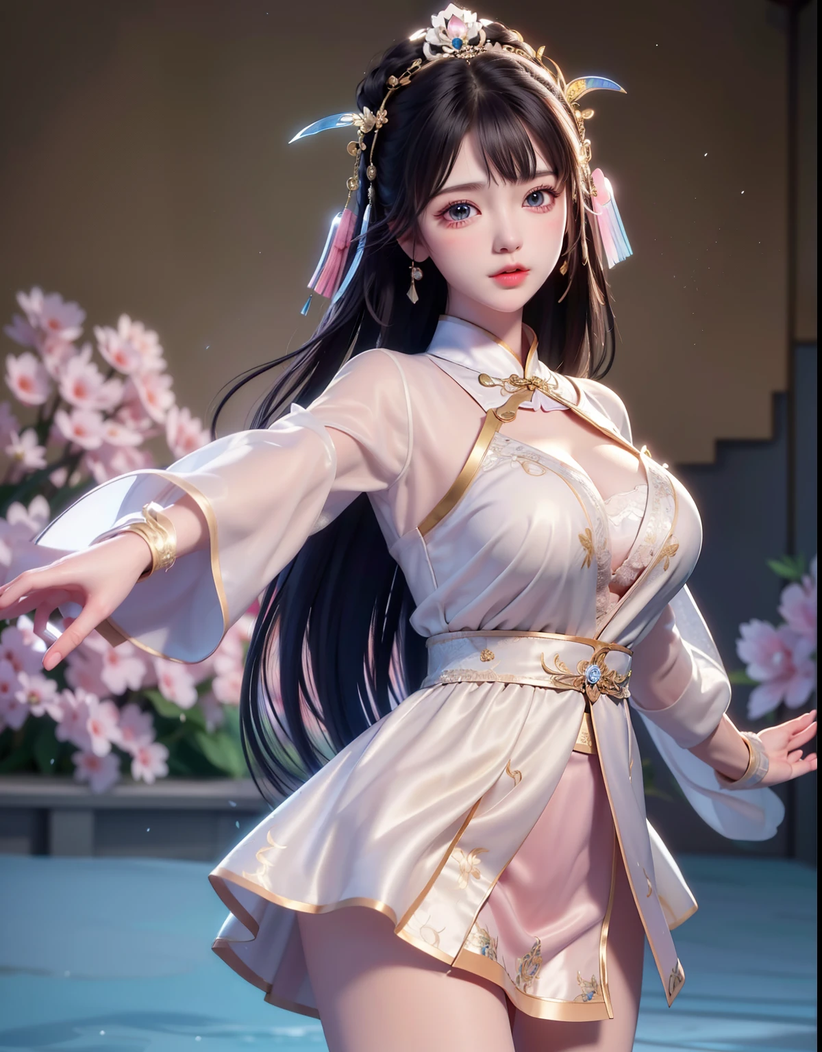 (8k, RAW photo:1.2), best quality, ultra high res,dramatic angle,(fluttered detailed color splashs), (illustration),(((1 girl))),(long hair),(rain:0.9), (Headdress:1.4),There is an ancient palace beside the girl,Hanfu,(Key Points),Color ink painting,(Splash of Color),Splash of Color,(((colorful))),(sketch:0.8) , Masterpiece, best quality, beautiful painted, highly detailed,(denoising:0.6),[splash ink],((ink refraction)), (beautiful detailed sky),moon,highly,detaild,(masterpiece, best quality, extremely detailed） CG Unity 8k Wallpaper，masterpiece，best quality，Ultra Detailed），（Lycoris）. qipao open V-chested clothes Thin silk lace dress short skirt , (huge ，cleavage),, white pink, blue ，best qualtiy，tmasterpiece，Ultra-high resolution，（Reality：1.4），RAW photogr，（True skin texture：1.3），（filmgrain：1.3），（Selfie angle），1个Giant Breast Girl，Beautiful eye and face details，tmasterpiece，Best quality at best，，The chest more exposed， detailed hair, bra pink , detail 8k, full body, lace petticoat, fan handle