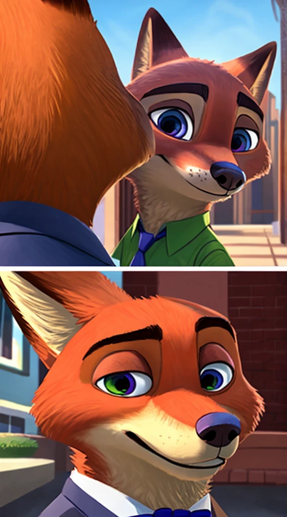 chedevr, better quality, , One, 1 boy，One，Cartoon fox wearing a bow tie and shirt, 《Zootopia》Nick Wilde, Nick Wilde, Zootopia style, style of the film &quot;Zootopia&quot;, Disney Zootopia style, full body close up shot, fluffy Disney style, zoo style, Disney Pixar Zootopia, in a zootopian city, Zoo concept art