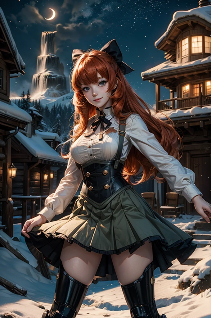 cowboy shot, (dynamic pose), smile, underbust, Penny Polendina, long red hair, neck ribbon, suspender skirt, corset, black bow, white blouse, mechanical legs, neon trim, standing, near ski lodge, BREAK night, stars, moon, snow, BREAK mountains in background, waterfall, crowd, ((crowd in military uniform)), bonfires (volumetric lighting), intricate details, tonemapping, sharp focus, hyper detailed