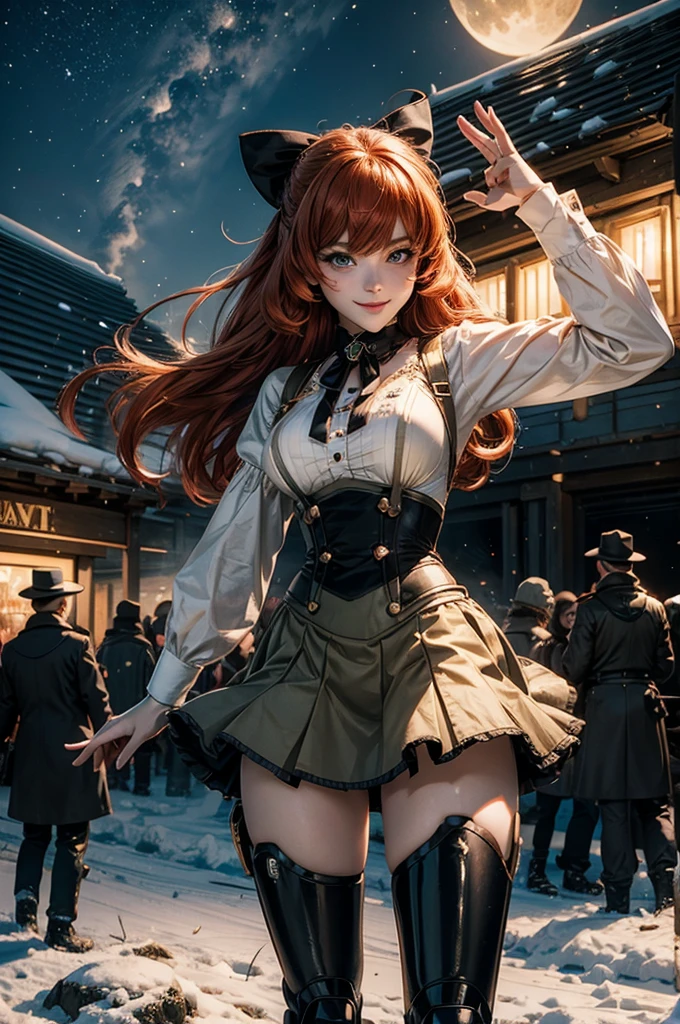cowboy shot, (dynamic pose), smile,  underbust, Penny Polendina, long red hair, neck ribbon, suspender skirt, corset, black bow, white blouse, mechanical legs, neon trim, standing, near ski lodge, BREAK night, stars, moon, snow, BREAK mountains in background, waterfall, crowd, ((crowd in military uniform)), bonfires (volumetric lighting), intricate details, tonemapping, sharp focus, hyper detailed

