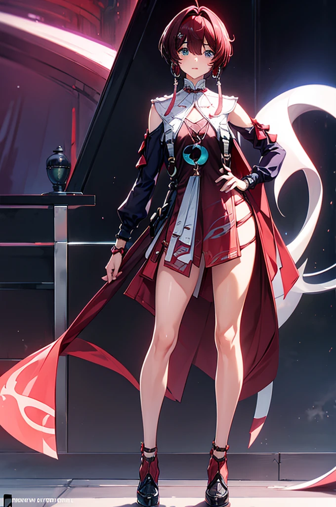masterpiece, best quality, distinct image, 1 girl, 16 year old teenager, Asymmetrical knee length Chinese styled dress, solo. sharp facial features, oval shaped face, cherry pink lip, lightly tanned white skin, velvet-colored eyes, tall height(175cm), slim yet chiseled body-type, dark violet-black hair, short pixie cut hairstyle, long and slender legs, curvy wide hips stretching the dress, full body image,