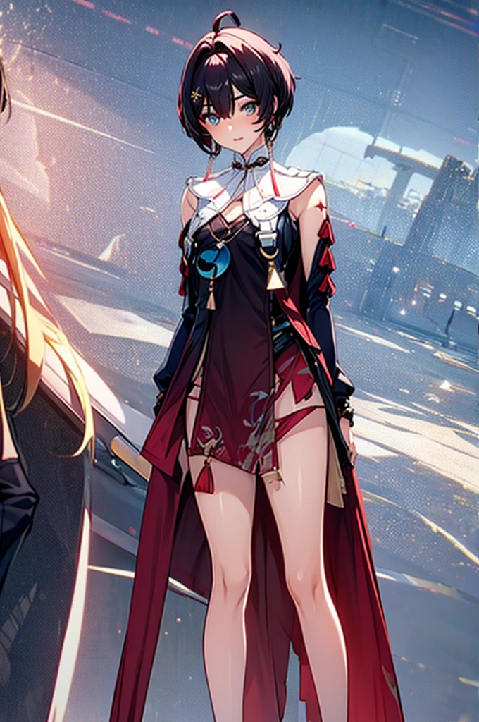 masterpiece, best quality, distinct image, 1 girl, 16 year old teenager, Asymmetrical knee length Chinese styled dress, solo. sharp facial features, oval shaped face, cherry pink lip, lightly tanned white skin, velvet-colored eyes, tall height(175cm), slim yet chiseled body-type, dark violet-black hair, short pixie cut hairstyle, long and slender legs, curvy wide hips stretching the dress, full body image,