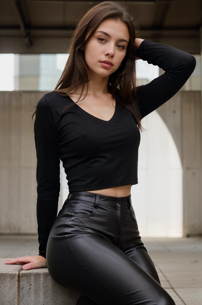 generate me a hyper-realistic image of an 18 year old girl of European and American descent with perfect, well lined eyes and brown eyes, with brown hair, beautiful delicate lips and a thin upturned nose, straight hair, a height of one meter and 60 centimeters, L bust details, and she is sitting outside a shopping mall in the center of the city and is wearing a tight fitting black leather pants and attached with a black polo shirt with a V-neck of simple design.