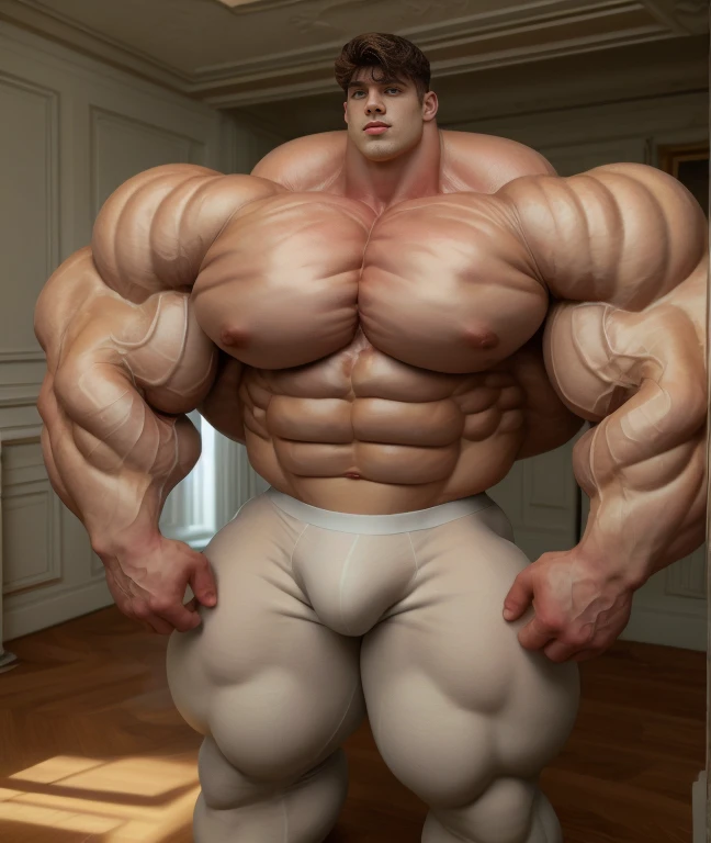 1boy, giant, alone, giant bodybuilder, illuminating light, strong body, bulk, large size, stay in white room, indoor, hand on hip, nude, white triangular underwear, massive bulge, hard bulge, extraordinary big, brutalmass, giant muscular body, bulk, buff, massive body, large meaty body size, extremely wide body,