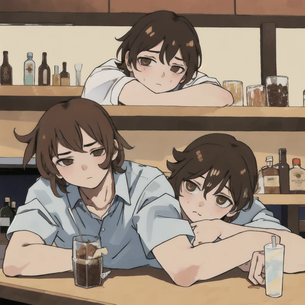 (best quality:1.2), Bar background, one boy, leaning over, lying on the counter, sad, drinking, head down, brown hair, short and messy hair, drunk, on the counter