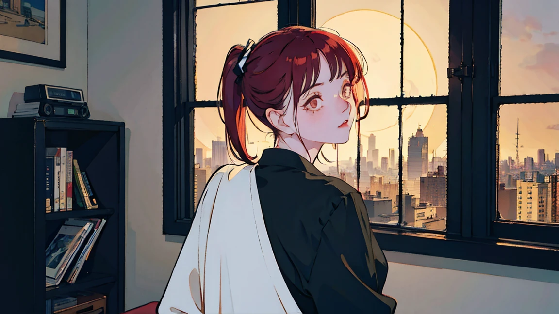 beautiful Asian girl with red hair sitting in her room at night,Looking at a window, face perfect, oculos de sol, smoking a custom-made white cigarette, NeonBlack, (back-illuminated: 1.1), hard shadow, work of art, best qualityer, intricate, model shoot style, vintage, Film grain, Incomplete unit details,citypop,cassettetape,register