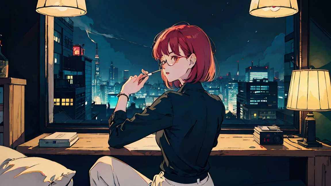 beautiful Asian girl with red hair sitting in her room at night,Looking at a window, face perfect, oculos de sol, smoking a custom-made white cigarette, NeonBlack, (back-illuminated: 1.1), hard shadow, work of art, best qualityer, intricate, model shoot style, vintage, Film grain, Incomplete unit details,citypop,cassettetape,register
