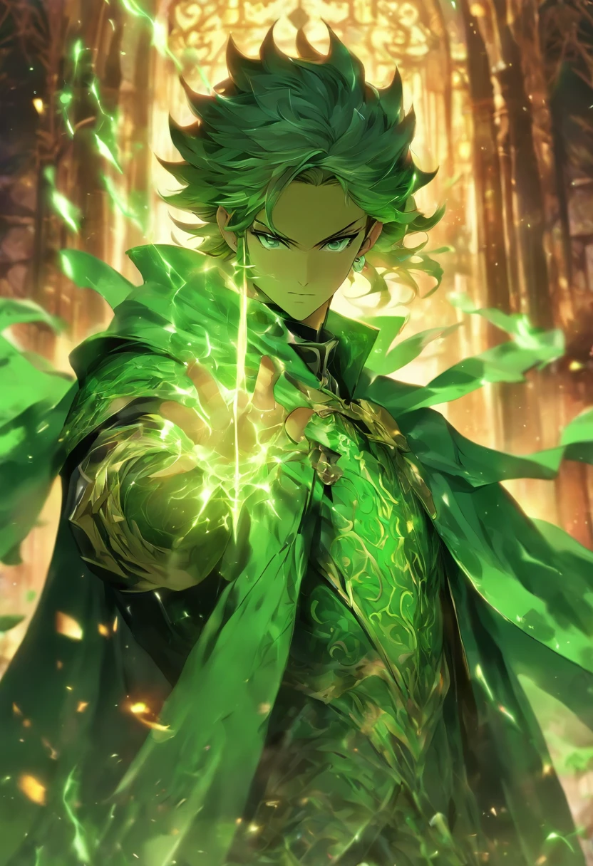 anime - style image of a man dressed in a green cape and a green cape, casimir art, beautiful androgynous prince, handsome guy in demon slayer art, picture of a male cleric, official character illustration, delicate androgynous prince, inspired in kris from deltarrune, official art, official character art, dressed like a cleric