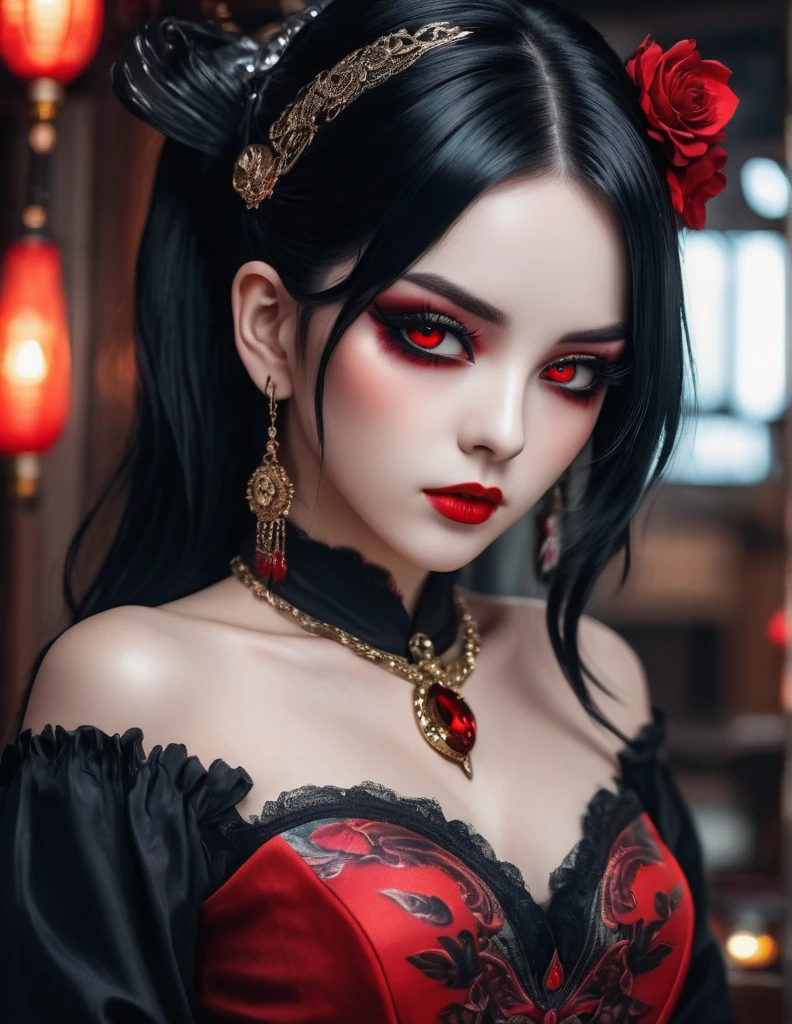 quality(8k wallpaper of extremely detailed CG unit, masterpiece, hight resolution, top-quality, top-quality real texture skin,hyper realisitic, digitial painting,increase the resolution,RAW photos,best qualtiy,highly detailed,the wallpaper),BREAK,8K, anime -style art , full face, mixed color eyes, black makeup, very white skin, metalic black hair long, jewelry, tattoos, toxic mask , red eyes, black dress , portrait shot,