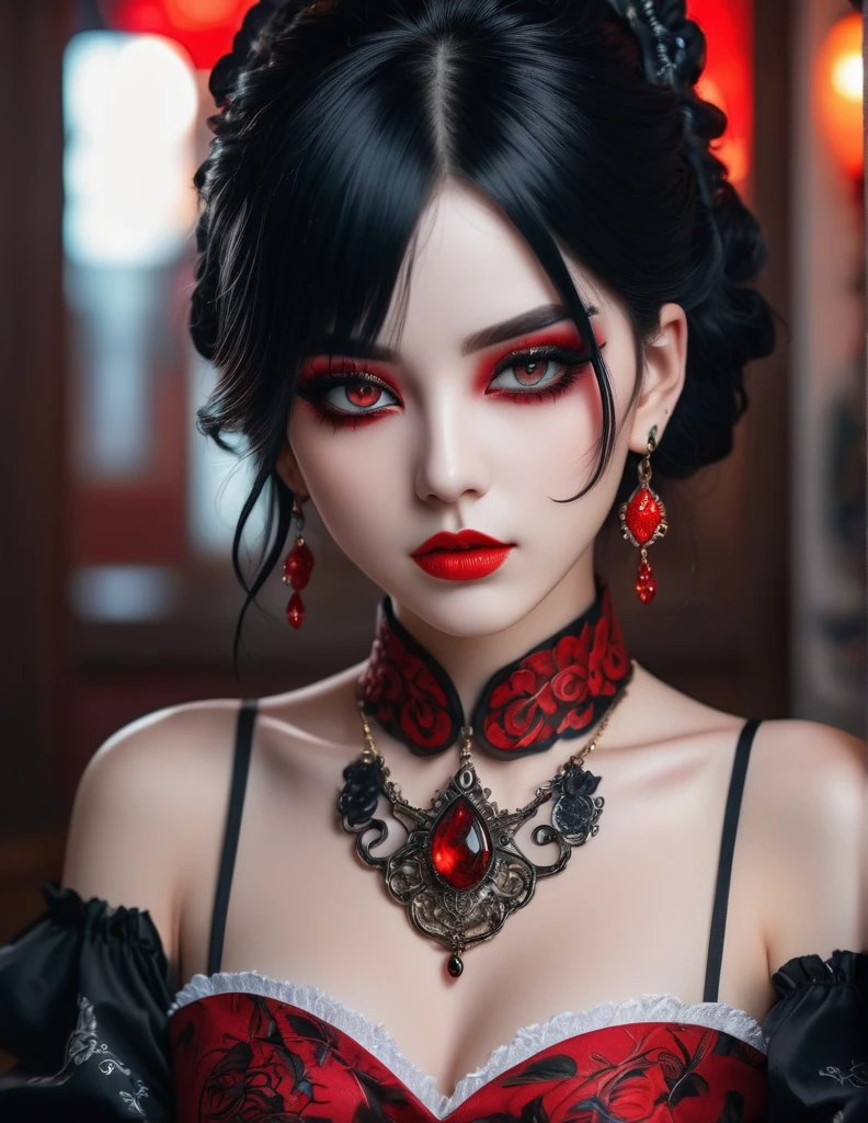 quality(8k wallpaper of extremely detailed CG unit, masterpiece, hight resolution, top-quality, top-quality real texture skin,hyper realisitic, digitial painting,increase the resolution,RAW photos,best qualtiy,highly detailed,the wallpaper),BREAK,8K, anime -style art , full face, mixed color eyes, black makeup, very white skin, metalic black hair long, jewelry, tattoos, toxic mask , red eyes, black dress , portrait shot,