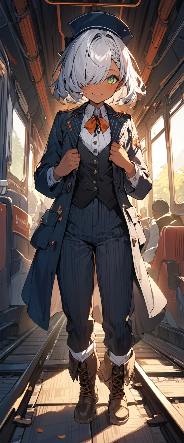 BREAK Perfect Anatomy、(High resolution:1.2)、Incredible illustrations、(Cute illustrations:1.2)、()(cinematic angle,solo focus,) 
（Beautiful background（Passage inside the train
))

1girl(cyborg(a girl, 1.7meters, 45kg,,dark skin:1.6,green eyes,silver hair,hair over one eye,long french braid,lipstick)(light smile)
(tyrolean hat,rail road man's coat,Vest jacket with lines
slacks,workman's boots)

