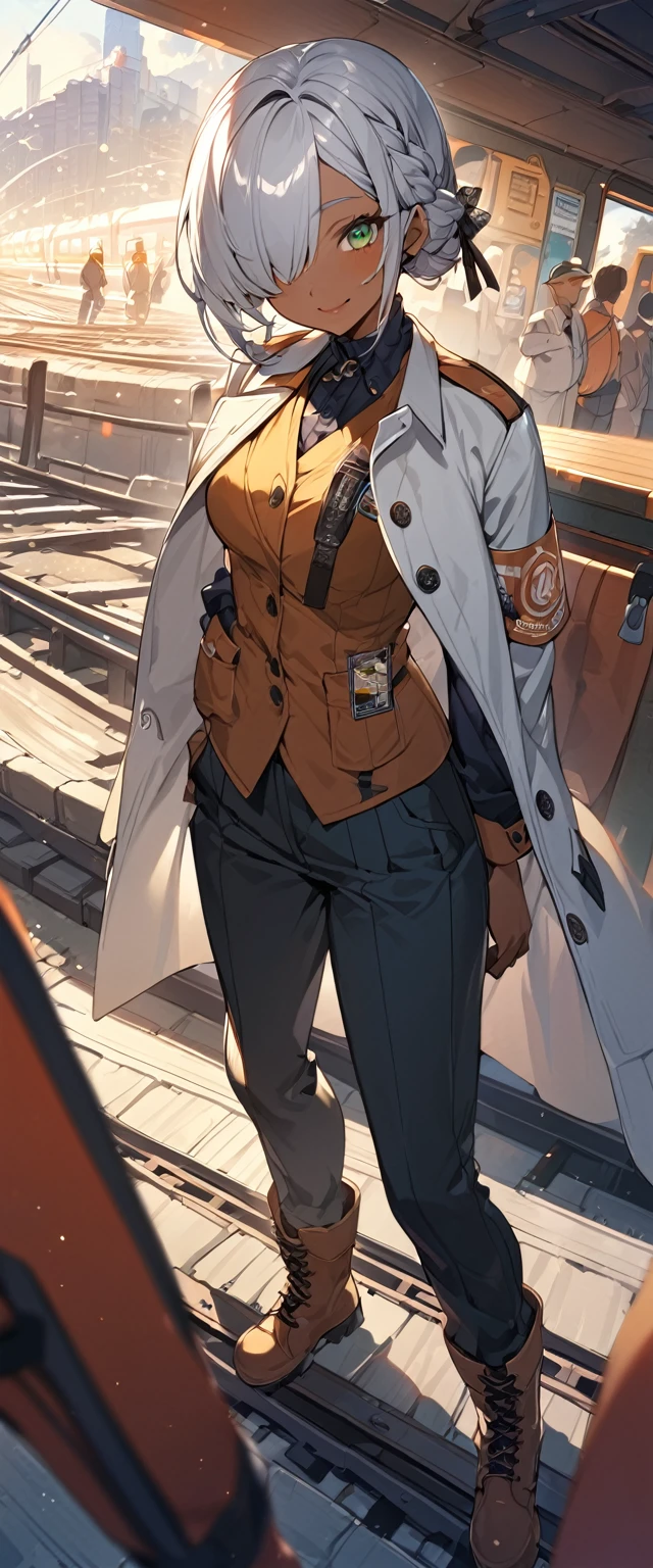 BREAK Perfect Anatomy、(High resolution:1.2)、Incredible illustrations、(Cute illustrations:1.2)、()(cinematic angle,solo focus,)
(Beautiful background(Passage inside the train
))
1girl(cyborg(a girl, 1.7meters, 45kg,,dark skin:1.6,green eyes,silver hair,hair over one eye,long french braid,lipstick)(light smile)
(tyrolean hat,rail road man's coat,Vest jacket with lines
slacks,workman's boots)