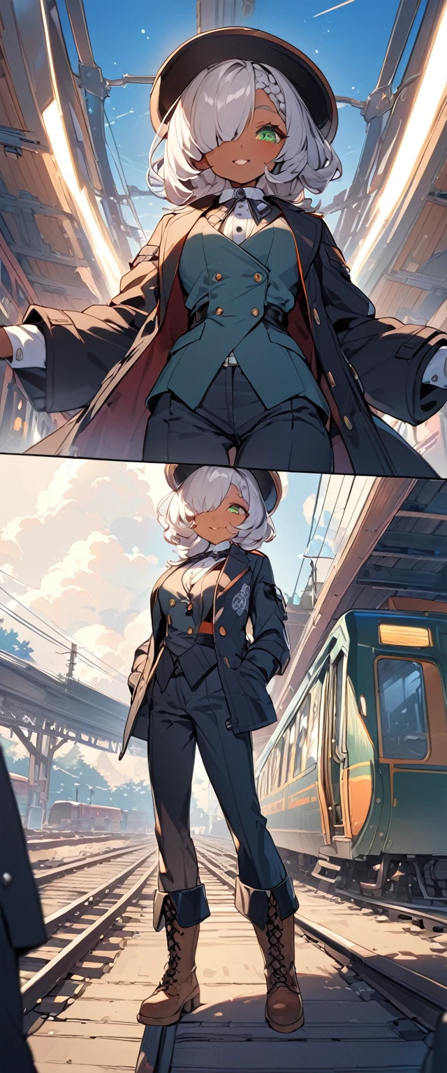 BREAK Perfect Anatomy、(High resolution:1.2)、Incredible illustrations、(Cute illustrations:1.2)、()(cinematic angle,solo focus,) 
（Beautiful background（Passage inside the train
))

1girl(cyborg(a girl, 1.7meters, 45kg,,dark skin:1.6,green eyes,silver hair,hair over one eye,long french braid,lipstick)(light smile)
(tyrolean hat,rail road man's coat,Vest jacket with lines
slacks,workman's boots)

