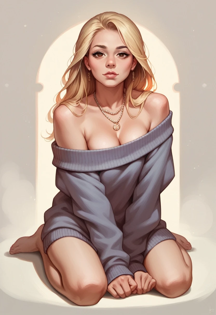 1girl 13 year old, solo, long hair, breasts, looking at viewer, blonde hair, bare shoulders, brown eyes, jewelry, full body, necklace, off shoulder, sweater, lips, realistic, nose, flirting with camera and naked sex