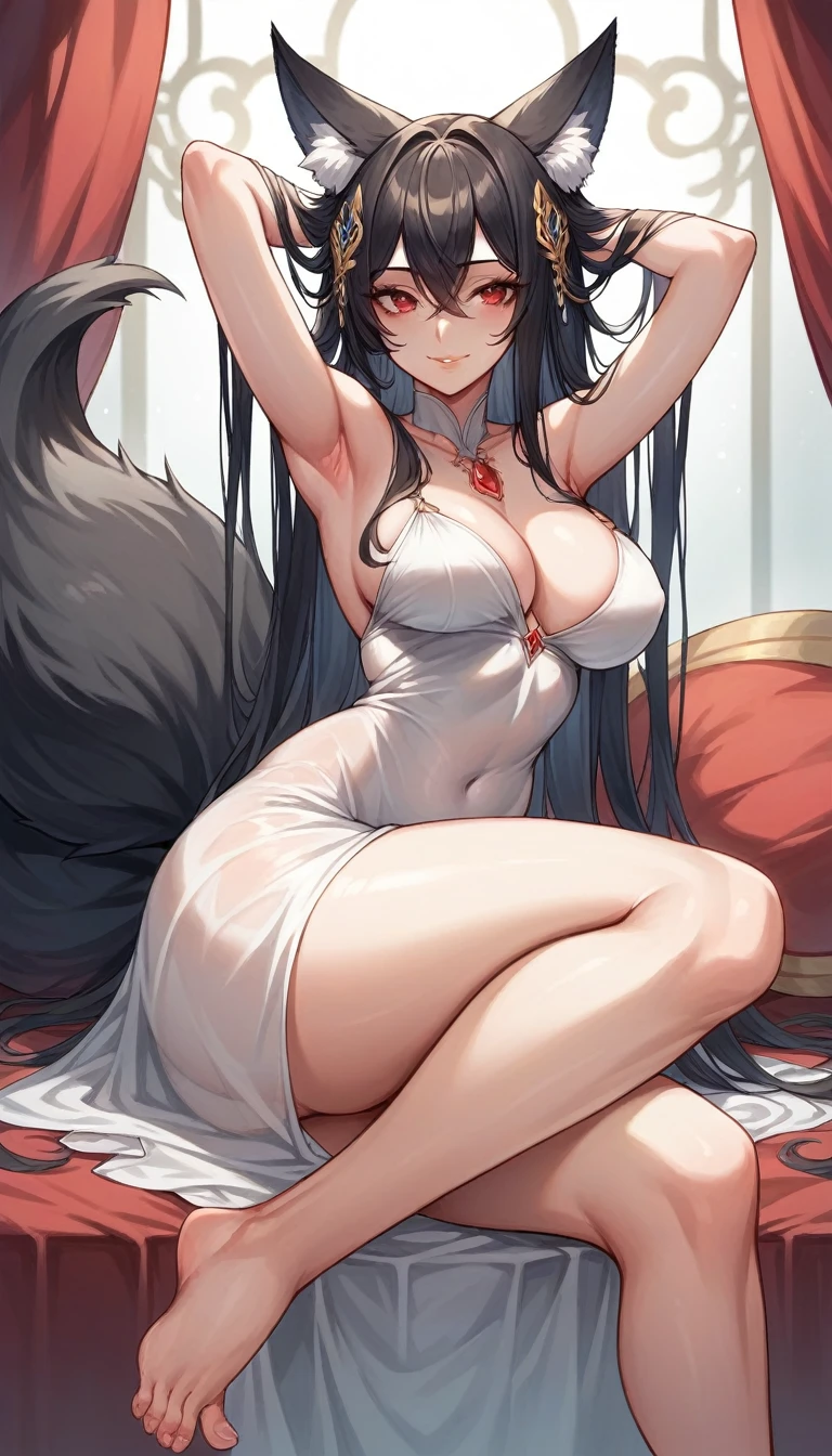 high detail, super detail, super high resolution, high quality. Extremely and beautiful girl, with a beautiful face, wide and beautiful lips, lascivious smile, White skin, red eyes curvy body, beautiful feet and thighs, long black hair, black fox ears and fox tail, short dress, transparent dress, shows a lot of skin, It's low-cut. sitting, showing legs, crossed legs, showing feet. He wears a shackle and chains around his neck., on the hands and ankles. barefoot, feet on camera, big breasts, correct pie anatomy, foot anatomy, sexy, pies, Detailed feet, correct pie anatomy, detailed thighs, detailed curves, detailed breasts and body. very wet, wet clothes, clothing fabric marking your body more.