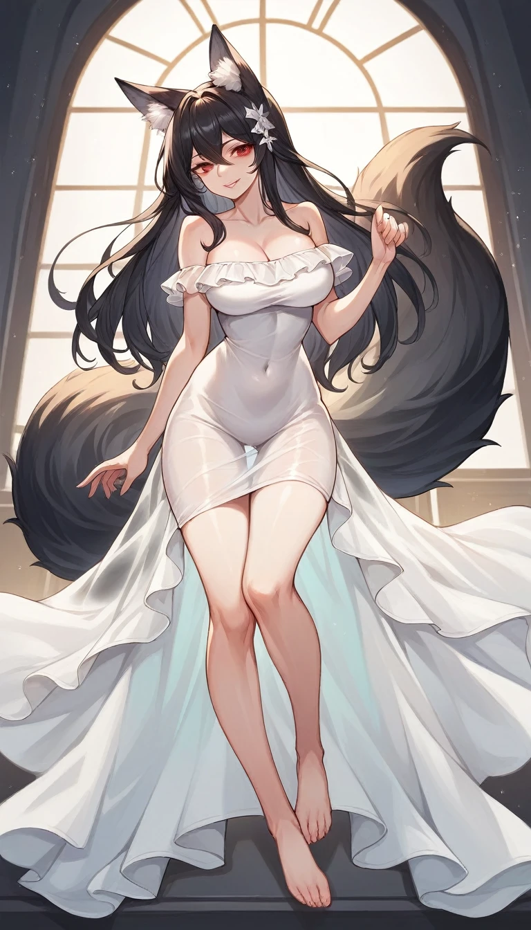 high detail, super detail, super high resolution, high quality. Extremely sexy and beautiful girl, with a beautiful face, wide and beautiful lips, lascivious smile, White skin, red eyes curvy body, beautiful feet and thighs, long black hair, black fox ears and fox tail, short dress, transparent dress, shows a lot of skin, It's low-cut. sitting, showing legs, crossed legs, showing feet. He wears a shackle and chains around his neck., on the hands and ankles. barefoot, feet on camera, big breasts, correct pie anatomy, foot anatomy, sexy pie, pies, Detailed feet, correct pie anatomy, detailed thighs, detailed curves, detailed breasts and body. very wet, wet clothes, clothing fabric marking your body more.