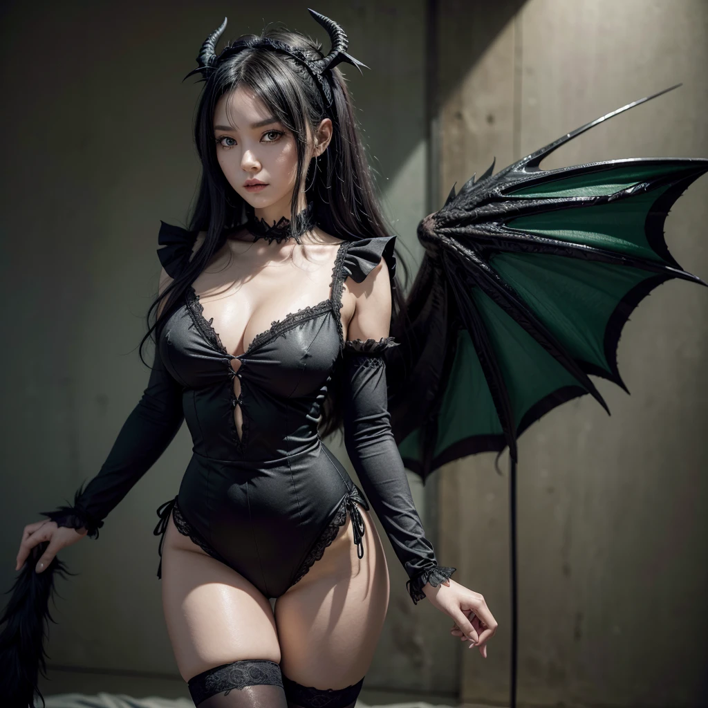 A black dragon woman maid, wears a maid outfit showing her panties, has long black shaggy messy hair, has emerald green eyes, has dragon horn, dragon wings and tail Dragon.