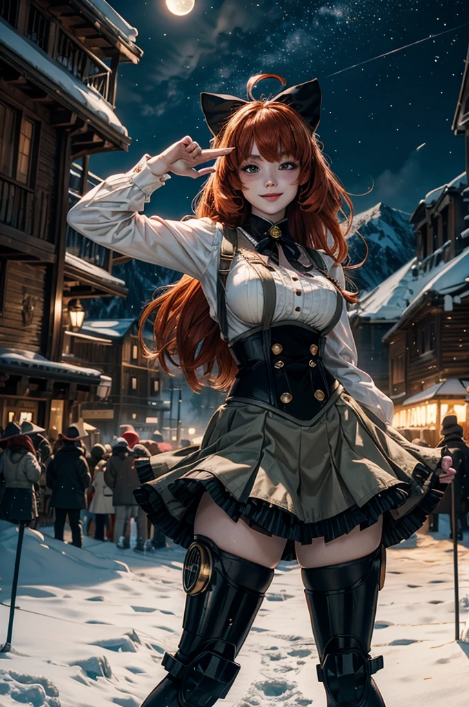 cowboy shot, (dynamic pose), smile, underbust, Penny Polendina, long red hair, neck ribbon, suspender skirt, corset, black bow, white blouse, mechanical legs, neon trim, standing, near ski lodge, BREAK night, stars, moon, snow, BREAK mountains in background, waterfall, crowd, ((crowd in military uniform)), bonfires (volumetric lighting), intricate details, tonemapping, sharp focus, hyper detailed