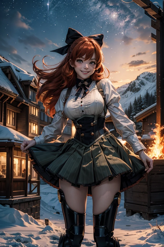 cowboy shot, (dynamic pose), smile, underbust, Penny Polendina, long red hair, neck ribbon, suspender skirt, corset, black bow, white blouse, mechanical legs, neon trim, standing, near ski lodge, BREAK night, stars, moon, snow, BREAK mountains in background, waterfall, crowd, ((crowd in military uniform)), bonfires (volumetric lighting), intricate details, tonemapping, sharp focus, hyper detailed