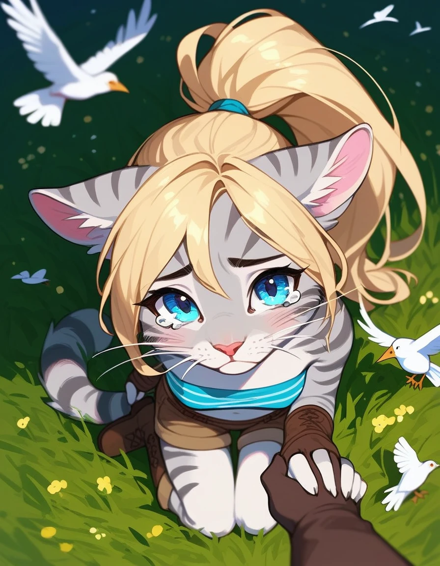 Solo, score_9,score_8_up,score_7_up, source_furry, kat, Anthro furry feline, blue eyes, blonde hair, (ponytail hair), pink nose, :3, white whiskers, silver fur, grey stripes, furry body, wearing blue bandeau, brown short shorts, brown boots, on her knees, w sitting, sniffling, sad expression, tearing up, on a grassy field, outdoors at night, pov, from above, Birds Eye view, pov viewer is holding her hand, hand holding