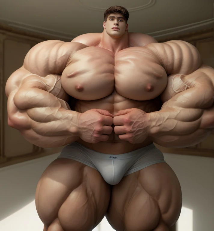 1boy, giant, alone, giant bodybuilder, illuminating light, strong body, bulk, large size, stay in white room, indoor, hand on hip, nude, white triangular underwear, massive bulge, hard bulge, extraordinary big, brutalmass, giant muscular body, bulk, buff, massive body, large meaty body size, extremely wide body,