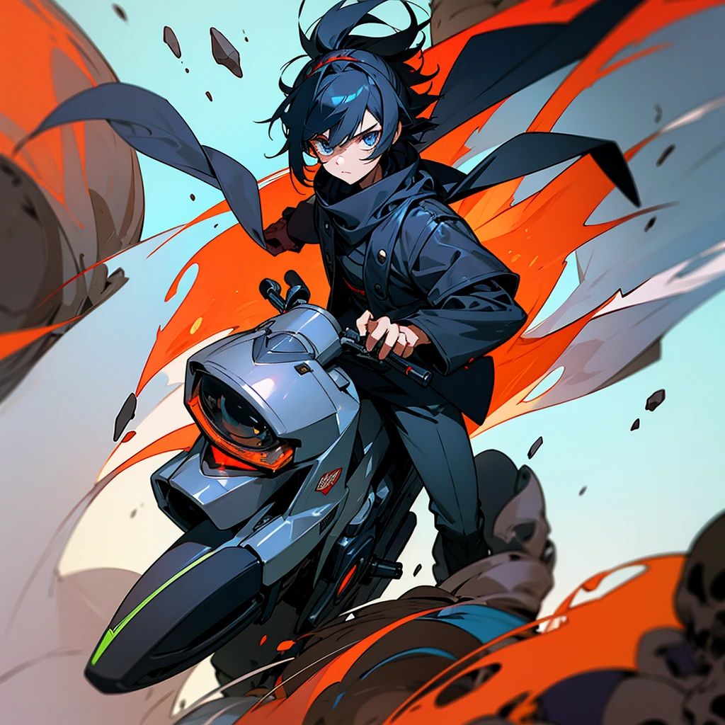 Create a boy, a 10 year old who has very long, spiky black hair who has a black jacket with some skulls on it, black pants also with lots of white skulls, sunglasses and shows off his beautiful blue eyes, who has hair that is well hydrated very beautiful and cute and that the person wears a small black scarf and a black headset that has spikes to give it a style and that he is mounted on a motorcycle that has a design of red flames