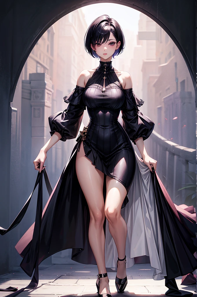 masterpiece, best quality, distinct image, 1 girl, , off shoulder elegant mini blouse, pleated skirt held tightly by a beelt, solo. sharp facial features, oval shaped face, cherry pink lip, lightly tanned white skin, velvet-colored eyes, tall height(175cm), slim yet chiseled body-type, dark violet-black hair, short pixie cut hairstyle, long and slender legs, curvy wide hips stretching the dress, full body image,