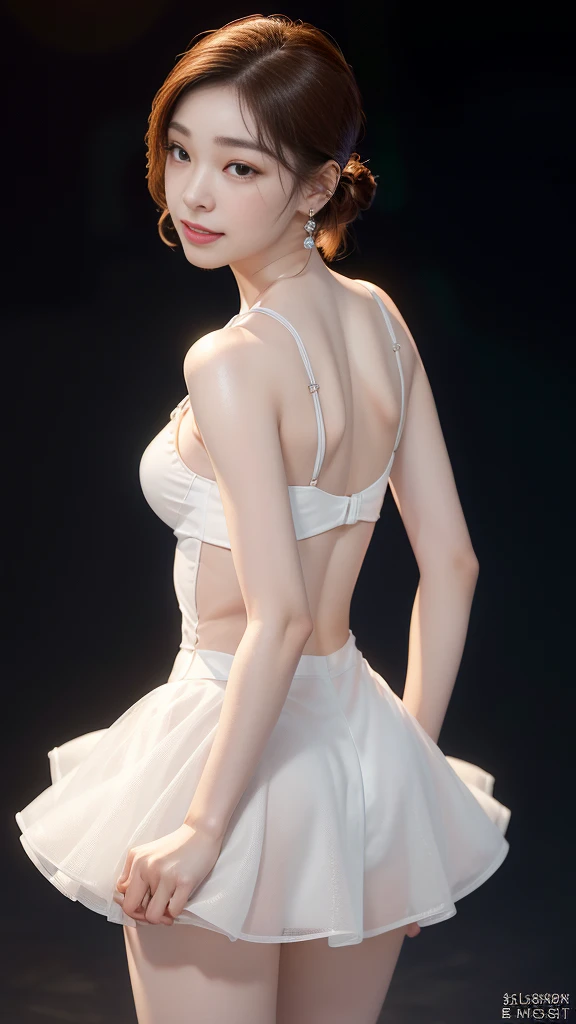 8k, masterpiece, RAW photo, best quality, photorealistic, extremely detailed CG unity 8k wallpaper, Depth of field, Cinematic Light, Lens Flare, Ray tracing, (extremely beautiful face, beautiful lips, beautiful eyes), intricate detail face, ((ultra detailed skin)) 1girl, in the dark, deep shadow, pretty korean girl, kpop idol, 1 girl, (very slim slender fit-muscled body:1.3), ((looking at viewer)),(big smile:1.3), (midnight, dark night, (neon sign), (blurred background), dim light), (without people in the background:1.3), beautiful earrings, bracelets, necklace, pantyhose, clear eyes, walking , front shot, (pale skin), (big eyes), face forward, (full body shot), (brown hairs), open navel, (looking at viewer:1.3), very slim, medium breasts, (camel toe), thick thighs, turn back, (flooming laced mini dress), ((white color dress)), (tight skirt), ((turning back, back shot)), ultra mini skirt, exposed ass, upper shot, short hair