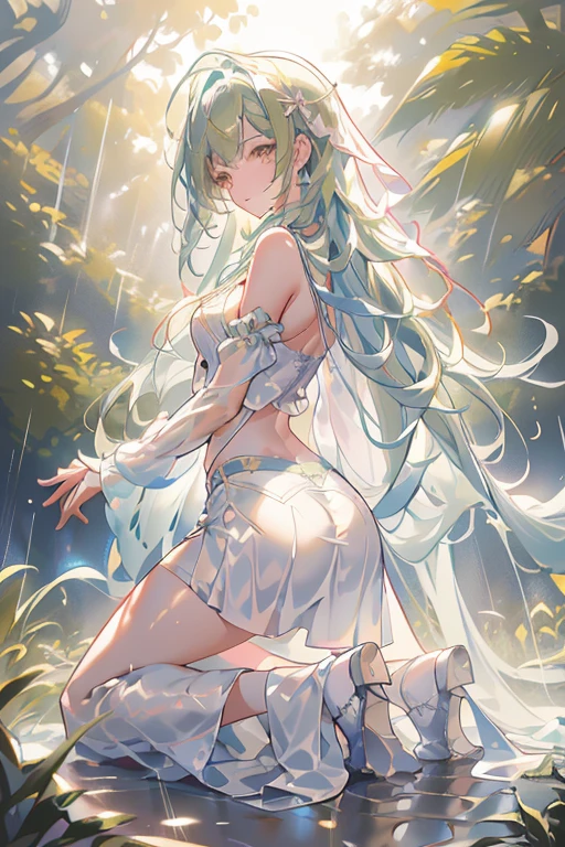 (((professional: Step by Step, taking into account even the smallest detail, God Level Final Result, full body with intricate details, only 1 girl, image: all the intricate details, Masterpiece))): "Quality 3, Wet anime, hyper details, Wet anime 17-years-old white woman with random colored hair Wet hair tied back with a red ribbon Her eyes are the same color as her wet hair, Delgado, clothing white crop top and denim miniskirt, A jungle background under a constant torrential rain that soaked them, Wet Back Posture, showing her beautiful body 92 59 90, flirty face, pedestal invisible,, Film grain, fuji colors, contrast of lights and shadows, textured skin, dynamic pose, realism, sunlight, High contrast, very sexy pose"