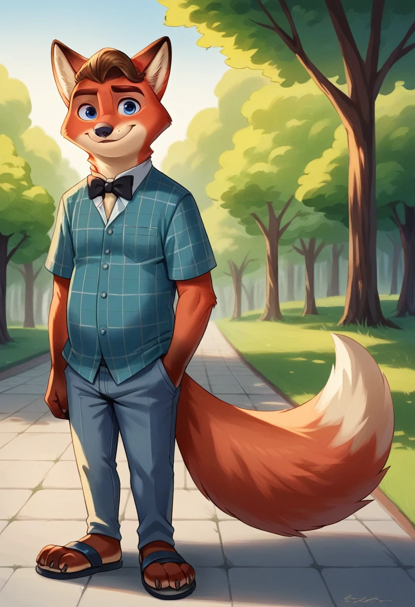 hyperrealistic art, furry portrait, bright colors, full body photography, full figure picture, masterpiece, Best quality, A high resolution, Brown hair,Gideon Gray blue eyes, (Zootopia, Cute, chubby, male fox, red fur, longer fur on the cheeks, side part of hairstyle, shorter muzzle) in casual clothes for adults, Blue plaid shirt,black bow tie, long pants, Sandals with heels,in the park, detailed beautiful paws with short claws, I'm watching a video on my smartphone, red light in his eyes, smiling, Berushi. detailed background, anatomically correct, 8 thousand., (wide dynamic range, dynamic angles and pose:1.2), spicy, concentrated, (prayer):1.23, (particle),(author:by Jackaloo)