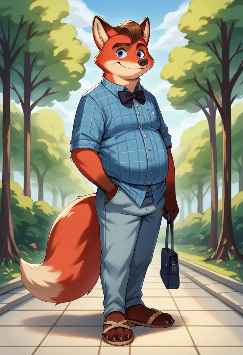 hyperrealistic art, furry portrait, bright colors, full body photography, full figure picture, masterpiece, Best quality, A high resolution, Brown hair,Gideon Gray blue eyes, (Zootopia, Cute, chubby, male fox, red fur, longer fur on the cheeks, side part of hairstyle, shorter muzzle) in casual clothes for adults, Blue plaid shirt,black bow tie, long pants, Sandals with heels,in the park, detailed beautiful paws with short claws, I'm watching a video on my smartphone, red light in his eyes, smiling, Berushi. detailed background, anatomically correct, 8 thousand., (wide dynamic range, dynamic angles and pose:1.2), spicy, concentrated, (prayer):1.23, (particle),(author:by Jackaloo)