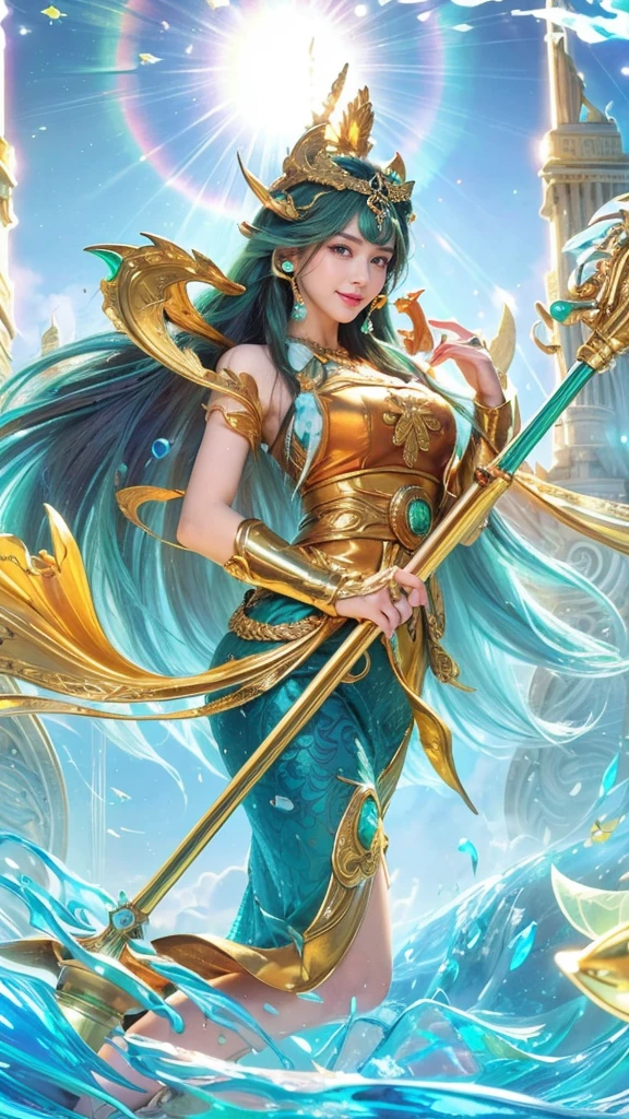 (8k, RAW photo, photorealistic:1.25) ,( lipgloss, eyelashes, gloss-face, glossy skin, best quality, ultra highres, depth of field, chromatic aberration, caustics, Broad lighting, natural shading, looking at viewer with a serene and goddess-like happiness, smile, 8k, very detailed, green eyes, close-up shot of a woman with a gun in her hand