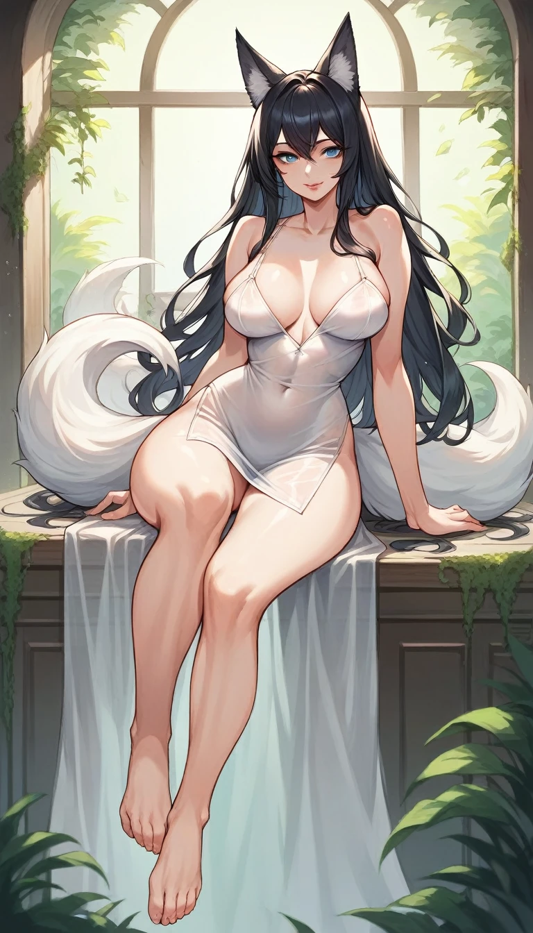 high detail, super detail, super high resolution, high quality. Extremely sexy and beautiful girl, with a beautiful face, wide and beautiful lips, lascivious smile, White skin, blue eyes, curvy body, beautiful feet and thighs, long black hair, white fox ears and fox tail, short dress, transparent dress, shows a lot of skin, It's low-cut. sitting, showing legs, crossed legs, showing feet. He wears a shackle and chains around his neck., on the hands and ankles. barefoot, feet on camera, big breasts, correct pie anatomy, foot anatomy, sexy pie, pies, Detailed feet, correct pie anatomy, detailed thighs, detailed curves, detailed breasts and body. very wet, wet clothes, clothing fabric marking your body more.