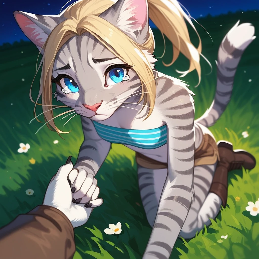 Solo, score_9,score_8_up,score_7_up, source_furry, kat, Anthro furry feline, blue eyes, blonde hair, (ponytail hair), pink nose, :3, white whiskers, silver fur, grey stripes, furry body, wearing blue bandeau, brown short shorts, brown boots, on her knees, w sitting, sniffling, sad expression, tearing up,  on a grassy field, outdoors at night, pov, from above, Birds Eye view, pov viewer is holding her hand, hand holding