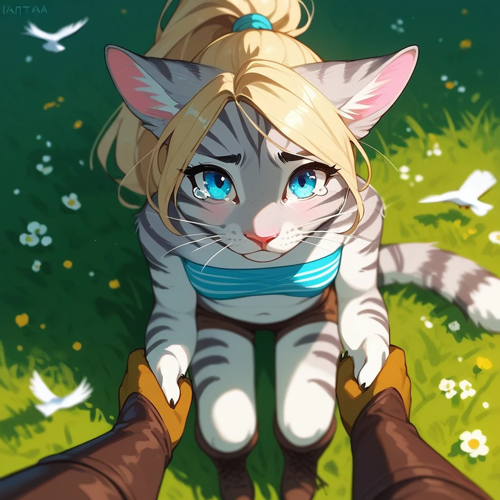 Solo, score_9,score_8_up,score_7_up, source_furry, kat, Anthro furry feline, blue eyes, blonde hair, (ponytail hair), pink nose, :3, white whiskers, silver fur, grey stripes, furry body, wearing blue bandeau, brown short shorts, brown boots, on her knees, w sitting, sniffling, sad expression, tearing up, on a grassy field, outdoors at night, pov, from above, Birds Eye view, pov viewer is holding her hand, hand holding