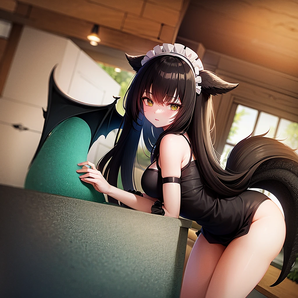 A black dragon woman maid, wears a maid outfit showing her panties, has long black shaggy messy hair, has emerald green eyes, has dragon horn, dragon wings and tail Dragon.