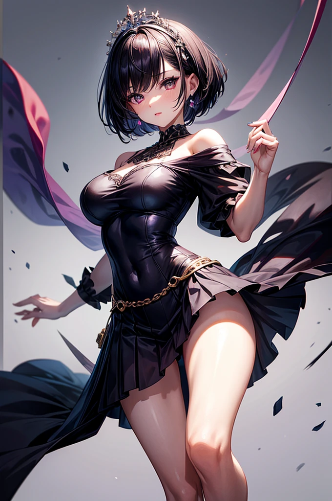 masterpiece, best quality, distinct image, 1 girl, 16 year old ager, off shoulder elegant mini blouse, pleated skirt held tightly by a beelt, solo. sharp facial features, oval shaped face, cherry pink lip, lightly tanned white skin, velvet-colored eyes, tall height(175cm), slim yet chiseled body-type, dark violet-black hair, short pixie cut hairstyle, long and slender legs, curvy wide hips stretching the dress, full body image,