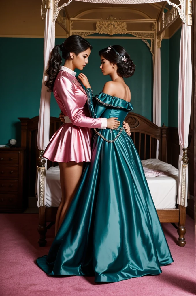There are two  girls. First girl in 80s style pink satin ball gown with bolero jacket long sleeve, ruffled skirt many layes , high heels. Steel handcuffs. She lies spread on of four poster bed. Her arms are bound to the bedposts. Chained, basement. Second girl in shinny teal ballgown with diamants. Hands abovek her head.