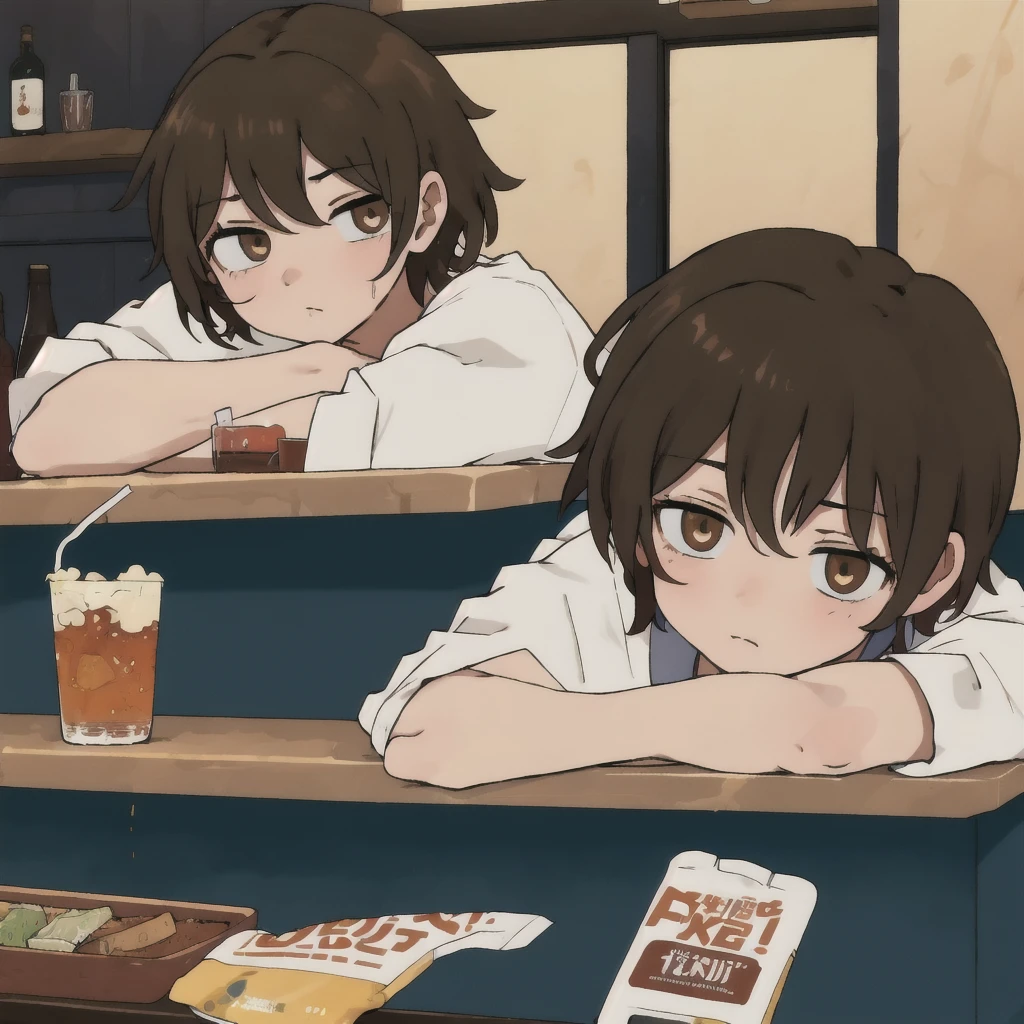 (best quality:1.2), Bar background, one boy, leaning over, lying on the counter, sad, drinking, head down, brown hair, short and messy hair, drunk, on the counter, short hair