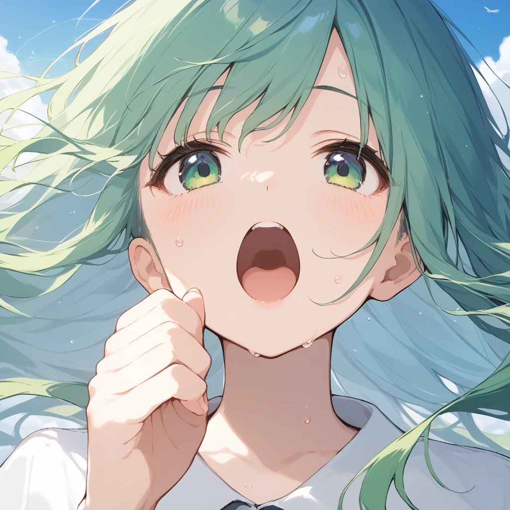 score_9, score_8_up, score_7_up, source_anime, best quality, masterpiece, official art, absurdres, highres, ultra-detailed,waifu2x,Collection: Slice of Life,break,kochiya sanae, 1girl, green hair, long hair, green eyes, sweat, open mouth, (yawn:0.3), sleepily, outdoors, wind, break,dewy skin, perspiration on the skin,skin texture, fine lines, pores, natural imperfections,light reflections, glossy skin, shiny skin,break,(clear line illustration:1.2),very high resolution, very aesthetic, Best sexual lighting powered by famous artist, 8k,cute picture,beauty illustration,photoshop_(medium),,(Detailed Lighting),best anime 8k konachan wallpaper, pixiv contest winner,