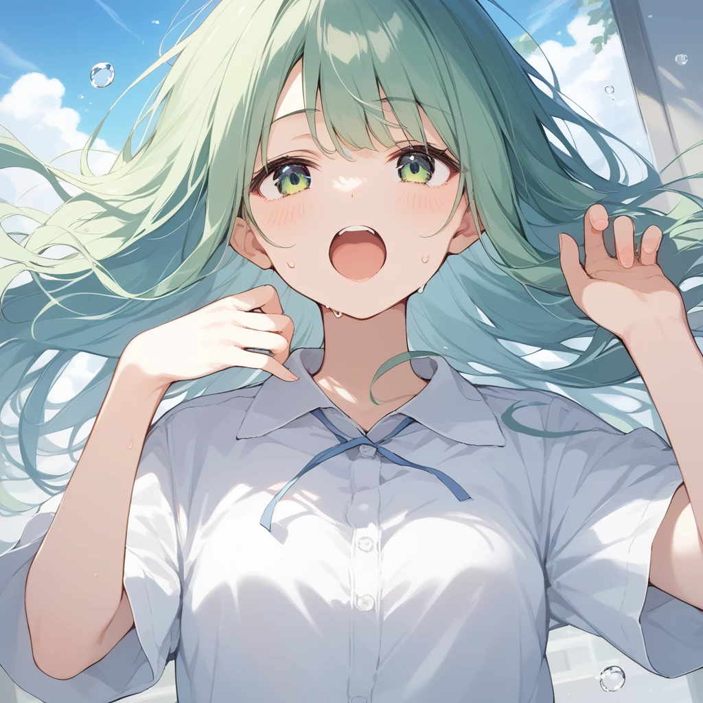 score_9, score_8_up, score_7_up, source_anime, best quality, masterpiece, official art, absurdres, highres, ultra-detailed,waifu2x,Collection: Slice of Life,break,kochiya sanae, 1girl, green hair, long hair, green eyes, sweat, open mouth, (yawn:0.3), sleepily, outdoors, wind, break,dewy skin, perspiration on the skin,skin texture, fine lines, pores, natural imperfections,light reflections, glossy skin, shiny skin,break,(clear line illustration:1.2),very high resolution, very aesthetic, Best sexual lighting powered by famous artist, 8k,cute picture,beauty illustration,photoshop_(medium),,(Detailed Lighting),best anime 8k konachan wallpaper, pixiv contest winner, 