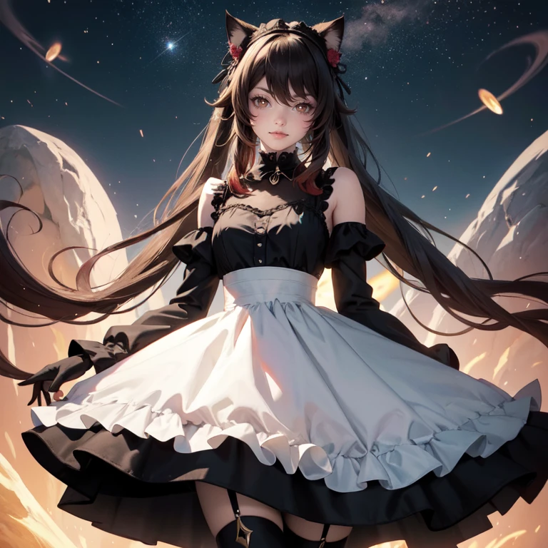 1girl, black maid dress, jewelry, dark blue hair, flowing hair, heterochromia, short hair, black maid dress with a short skirt and layers, black laces, black boots, black dress with transparency, gold details on her clothes, cat ears, animal ears, more details, perfectly body, perfectly hands, two hands, two legs, two arms, five fingers, glowing hair, best quality, hat, cat ears, tail ornament, tail bow, black gloves, two cat tail, black gloves, alone, maid headdress, choker, detached sleeves, maid dress, maid black dress, strapless, masterpeice, best quality, detailed face, night, asymmetrical gloves, bangs, black short skirt , black gloves, black boots, earrings, elbow gloves, fishnet thighhighs, fishmasterpeice, solo, best quality, detailed face, gloves, hair between eyes, jewelry, looking at viewer, single earring, sky, sleeveless, solo, thigh boots, thighhighs, tongue, tongue out, uneven gloves, solo, alone, Looking at the viewer, More details on the clothes, magenta roses on her hair, space scenery, maid, maid dress, magenta details, magenta roses, maid headdress, maid apron, wave hair, seat on the Saturn rings, more details on her clothes, gold details on her clothes, space, smiling, standing her hand to a viewer, looking at the viewer, in the background a several asteroids glowing with fiery auras, Dramatic lighting from distant stars and planets illuminates the scene, looking at the vast and mysterious universe, cowboy shot, upper body portrait, more details, sparkle,