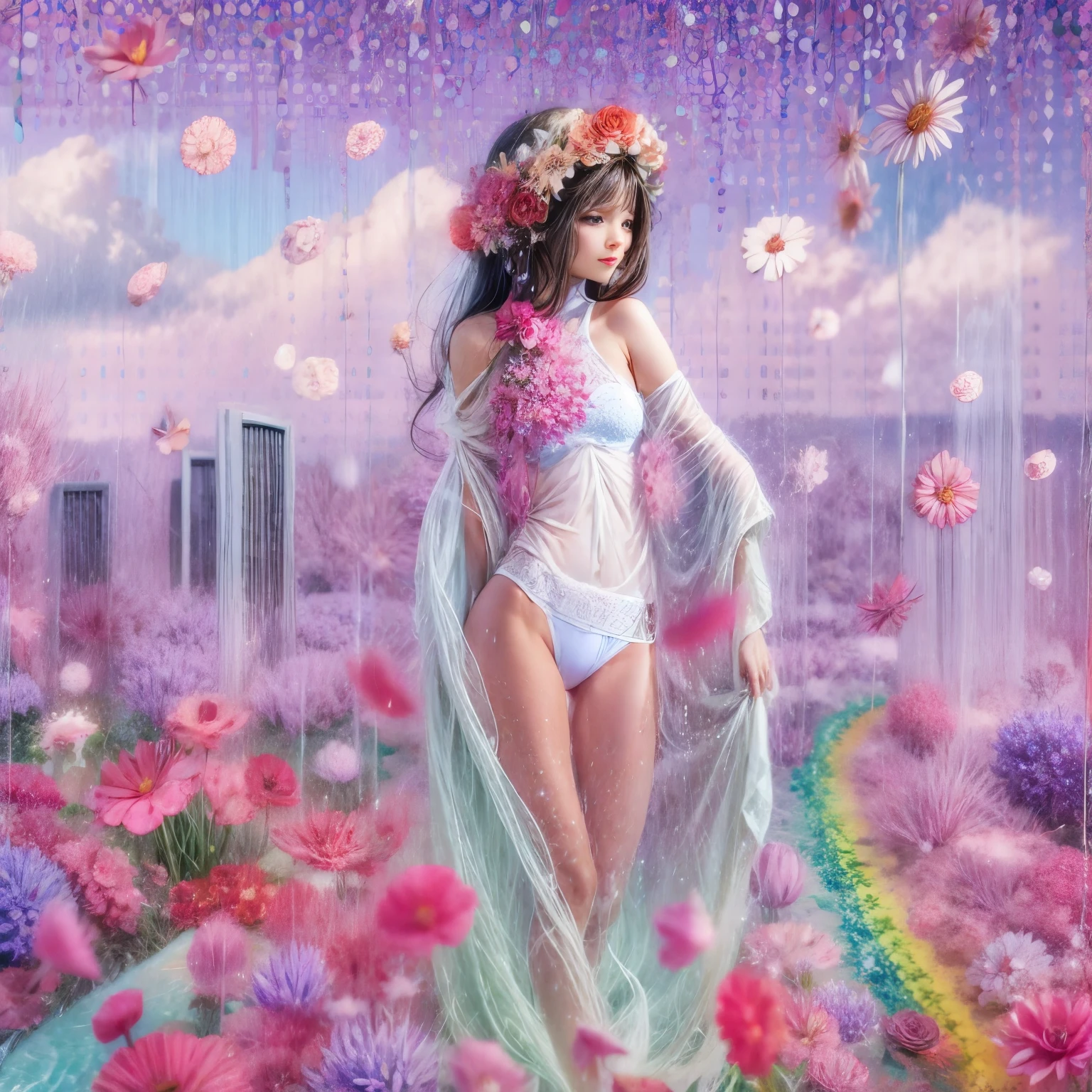 Crimson, White in Pearly RainbowColors,ExtremelyDetailed(ProfessionalPhoto of Girl Floating in the Sky:1.37)ZoomLayer{Stunning|Mystic|GodRays|Haze}, 280th floor infinity pool, Tallest building in the urban forest {Carnation|Tulips|(Rose)}, (Masterpiece 8K TopQuality:1.2),  (ExtremelyDetailed NOGIZAKA face and Eyes:1.37)ElaboratePupils with (SparklingHighlights:1.28) DoubleEyelids with Voluminous LongEyelashes RosyCheeks (Joyful Expressions LifeLike Rendering)MotionBlur  BREAK   Detailed impeccable Radiant PearlSkin with Transparency White(Skinny SchoolSwimwear) {(HiddenHand)|((Corrected BabyLike Hand))} (Whole Body Proportions and all limbs are Anatomically Accurate), FlowerWreath WrappedBody Full of Flowers Covering girl's body {(Dazzling RainbowColorHorizon)|ColorfulSky|ColoredClouds|(Starly Particles)}(extra limbs:-1.4)(Not Detailed Face:-1.4)(Not Detailed Hand:-1.4)