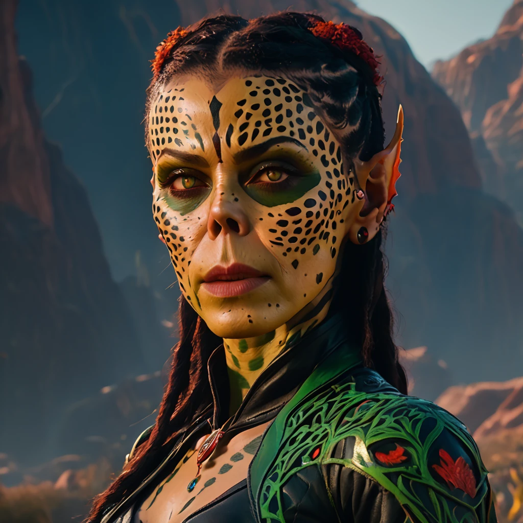 1girl, green skin, pointed ears, spots on skin, flat nose, narrow lips, black leather suit, large breasts, hyper detailed, 8k, photorealistic, masterpiece, intricate details, cinematic lighting, dramatic atmosphere, high contrast, vibrant colors